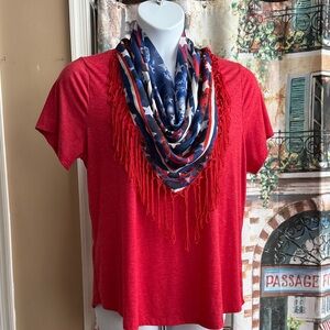 Red Short-Sleeve Top with USA patriotic Fringe Scarf
